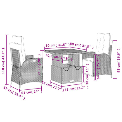 Set da Pranzo da Giardino 3 pz con Cuscini in Polyrattan Grigio | homemem39