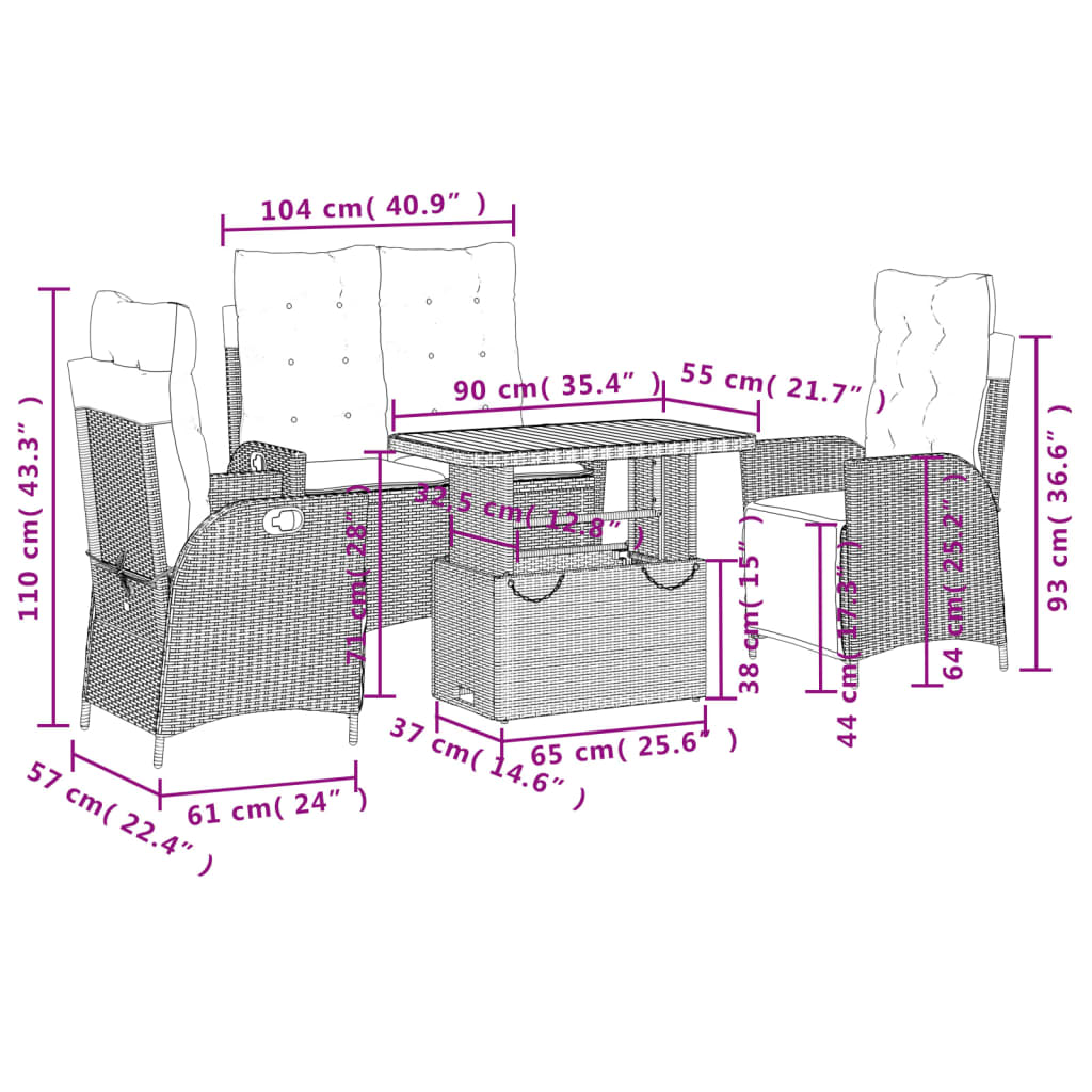 Set da Pranzo da Giardino 4 pz con Cuscini in Polyrattan Grigio - homemem39