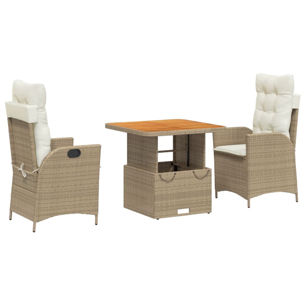 Set da Pranzo da Giardino 3 pz con Cuscini Beige in Polyrattan - homemem39