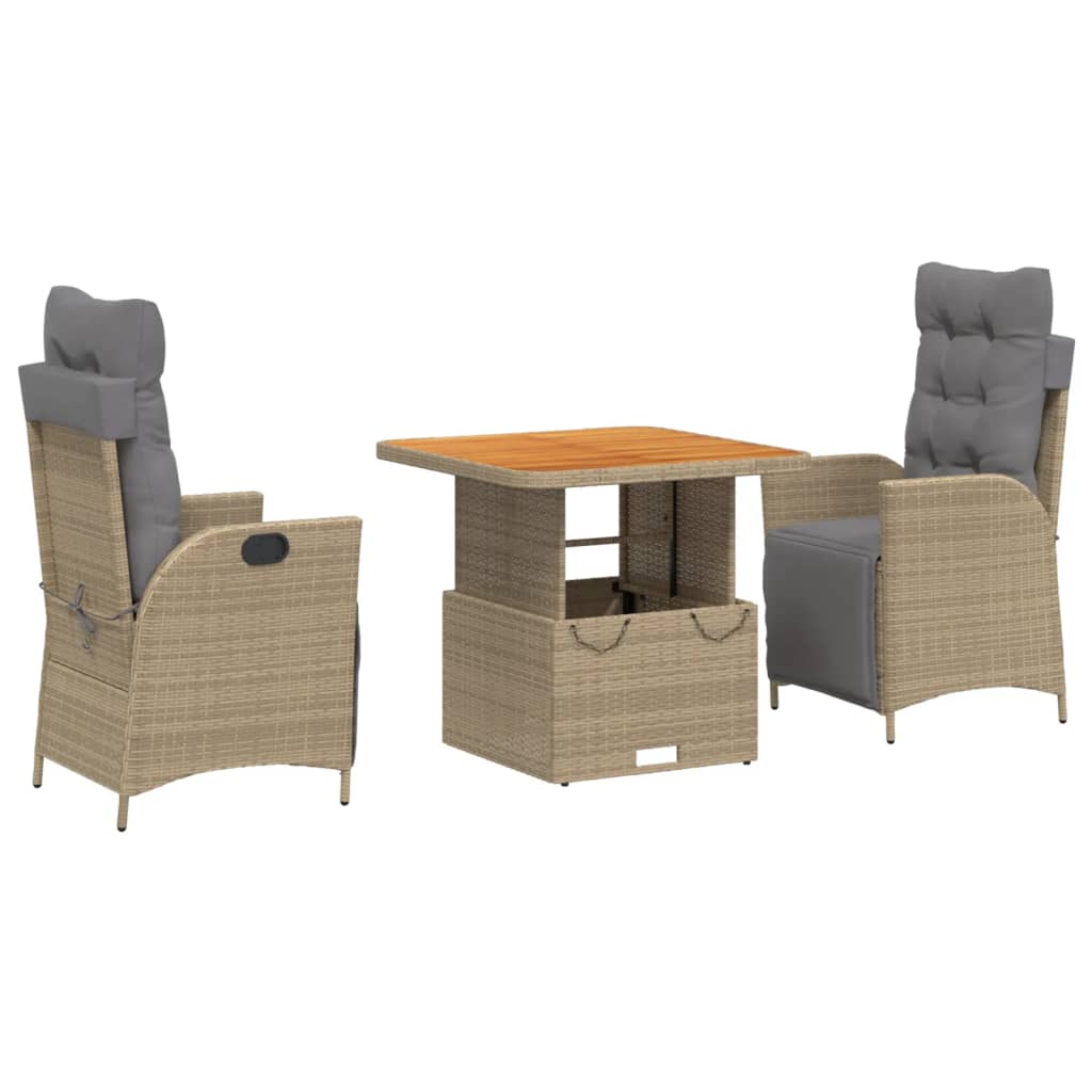 Set da Pranzo da Giardino 3 pz con Cuscini Beige in Polyrattan - homemem39