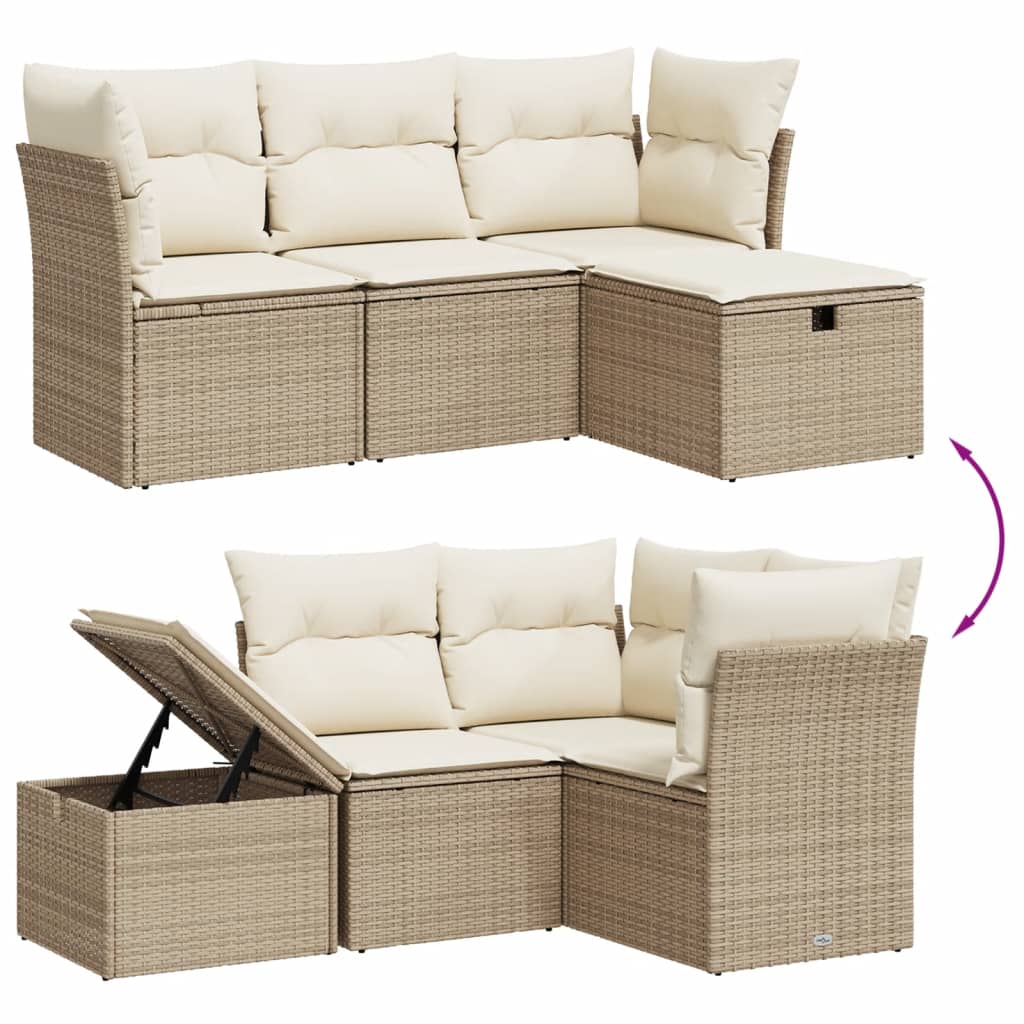 Set Divano da Giardino 4 pz con Cuscini Beige in Polyrattan - homemem39