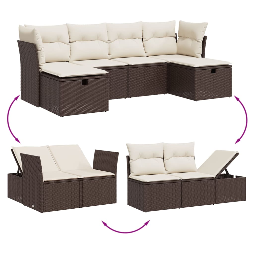 Set Divano da Giardino 6 pz con Cuscini Marrone in Polyrattan - homemem39