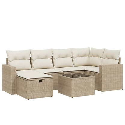 Set Divani da Giardino 7 pz con Cuscini Beige in Polyrattan