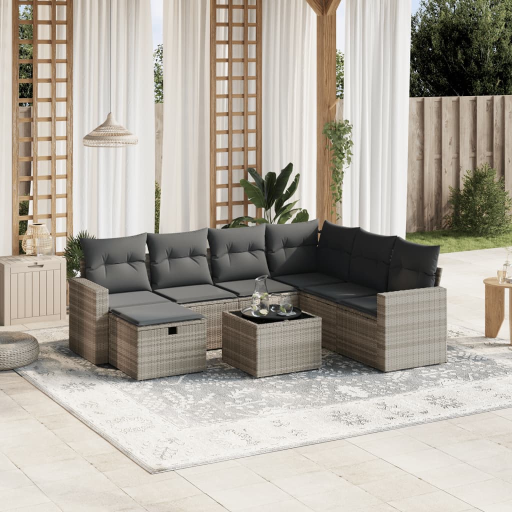 Set Divano da Giardino 8pz con Cuscini Grigio Chiaro Polyrattan