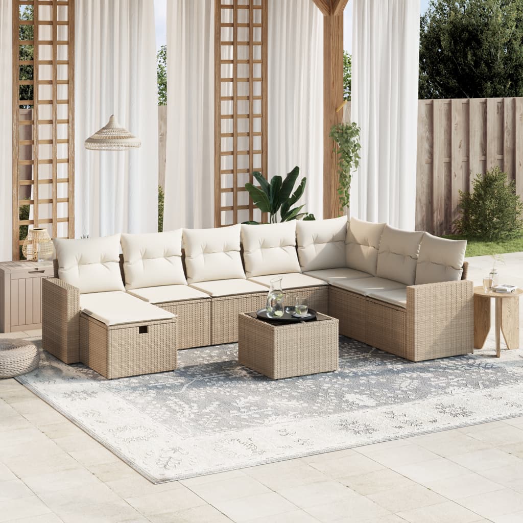 Set Divano da Giardino 9 pz con Cuscini Beige in Polyrattan | homemem39