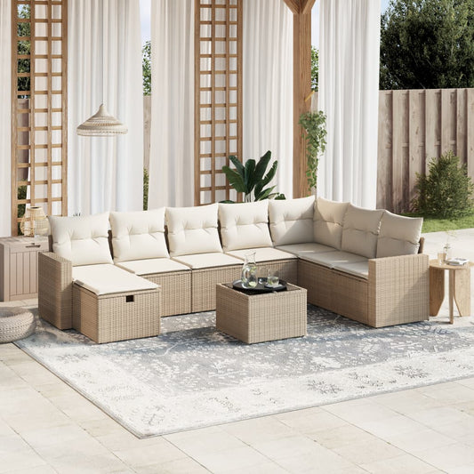 Set Divano da Giardino 9 pz con Cuscini Beige in Polyrattan - homemem39