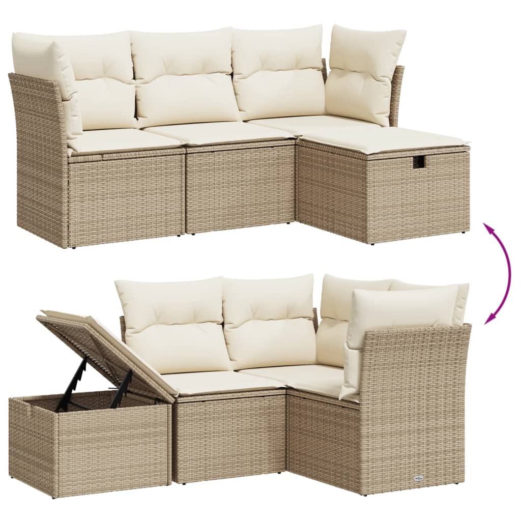 Set Divano da Giardino 4 pz con Cuscini Beige in Polyrattan - homemem39