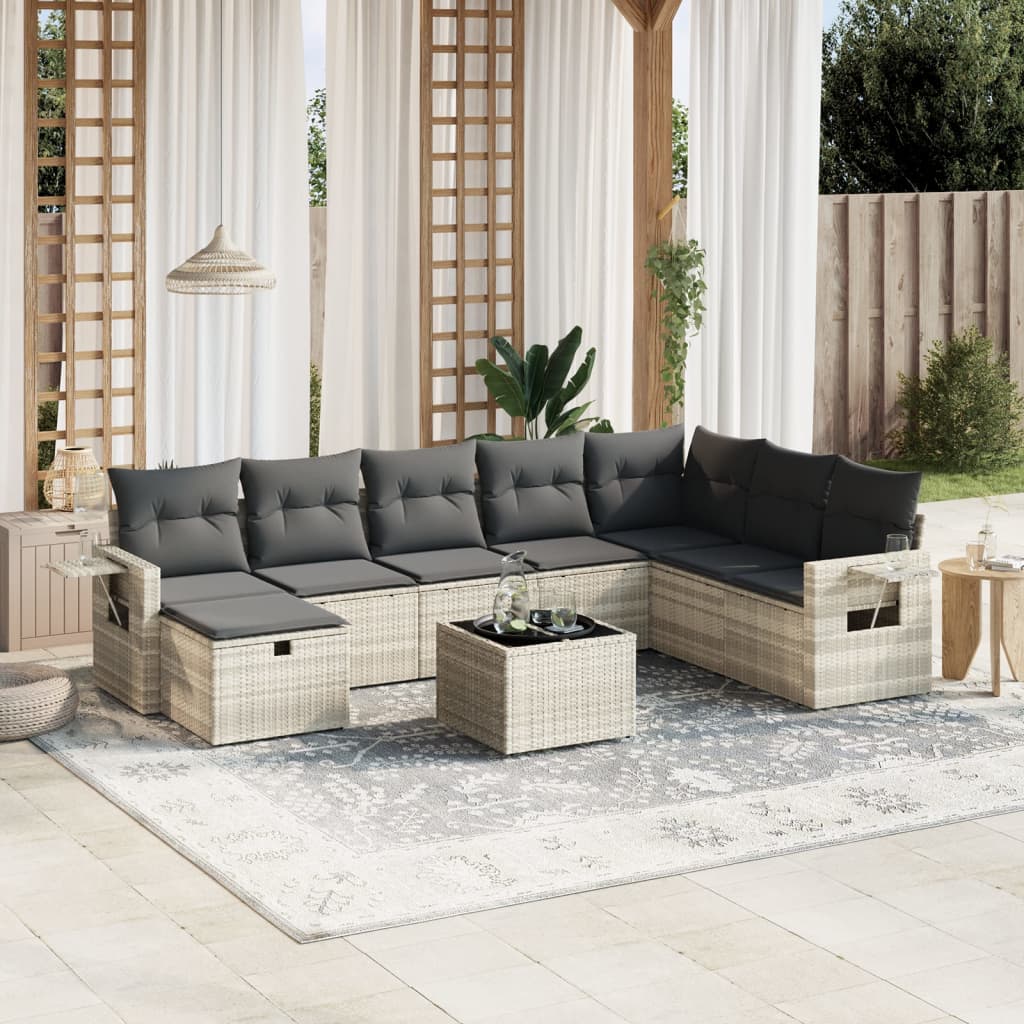 Set Divano da Giardino 9pz con Cuscini Grigio Chiaro Polyrattan - homemem39