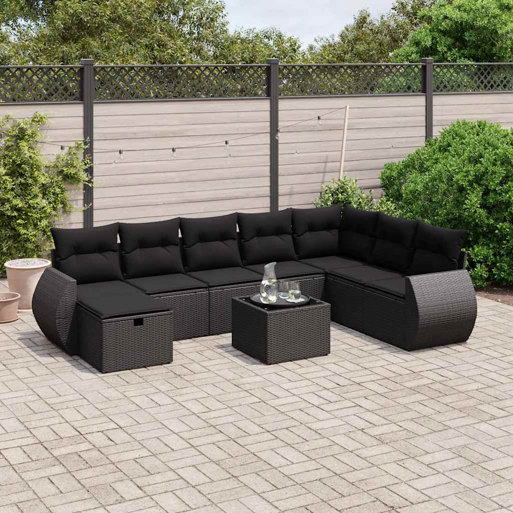 Set Divani da Giardino 9 pz con Cuscini Nero in Polyrattan | homemem39