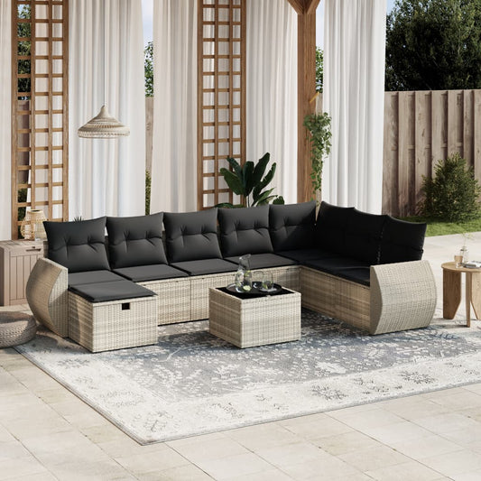 Set Divano da Giardino 9pz con Cuscini Grigio Chiaro Polyrattan - homemem39