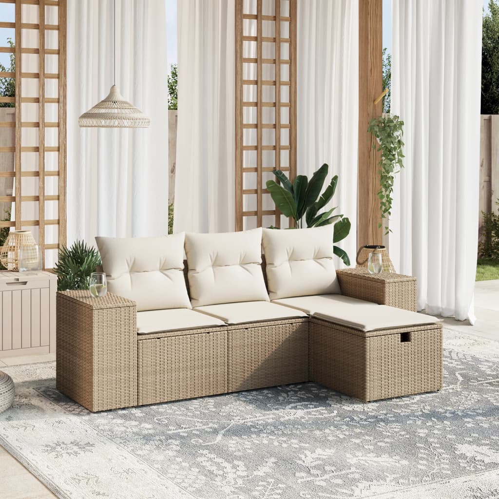 Set Divano da Giardino 4 pz con Cuscini Beige in Polyrattan - homemem39