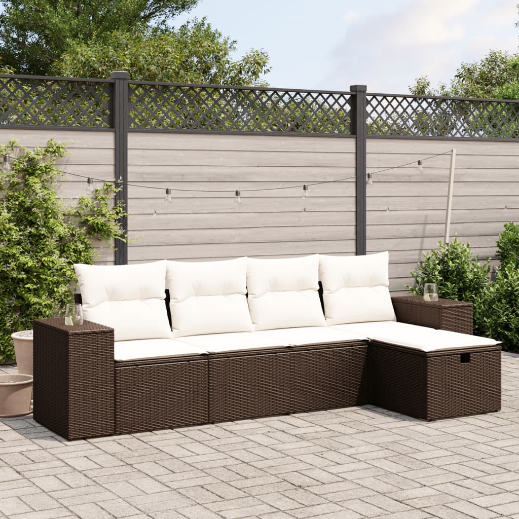 Set Divano da Giardino 5 pz con Cuscini Marrone in Polyrattan - homemem39