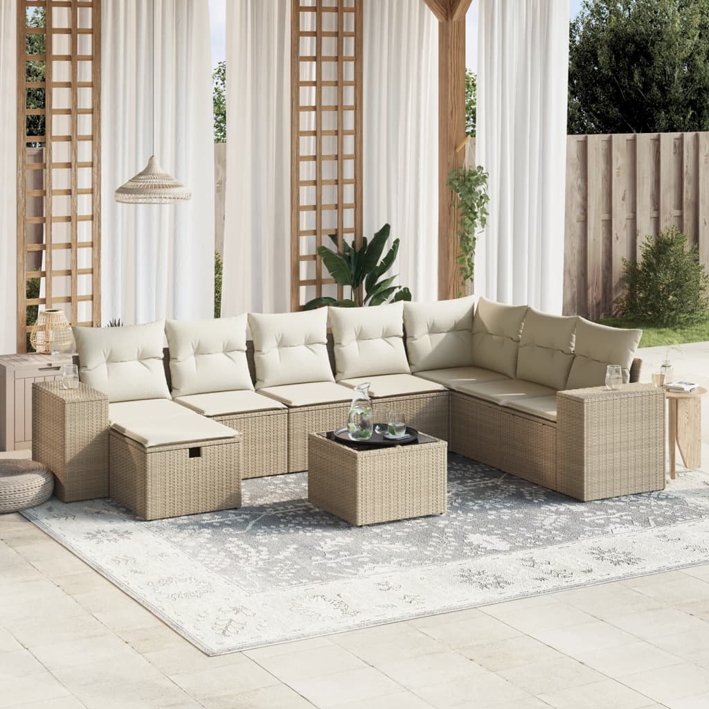 Set Divano da Giardino 9 pz con Cuscini Beige in Polyrattan - homemem39