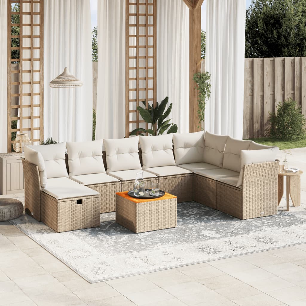 Set Divano da Giardino 9 pz con Cuscini Beige in Polyrattan - homemem39