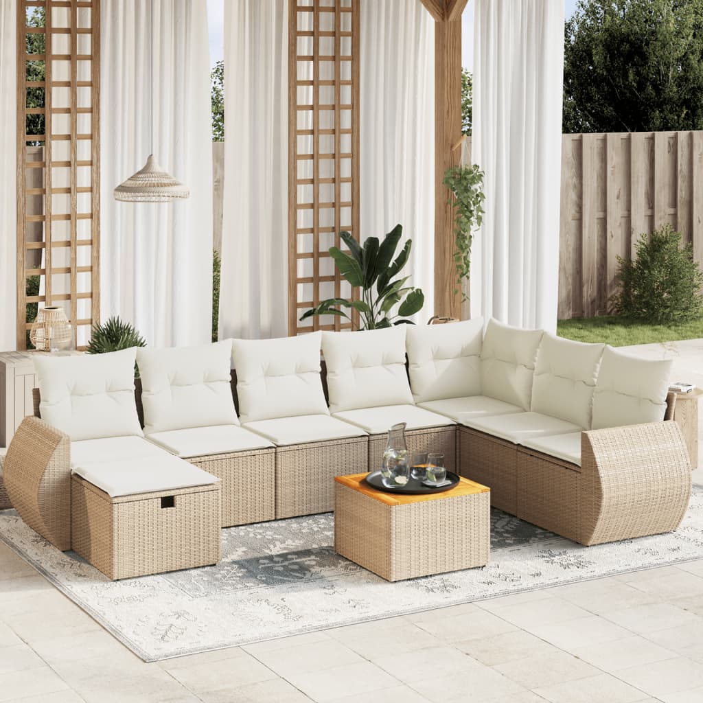 Set Divano da Giardino 9 pz con Cuscini Beige in Polyrattan