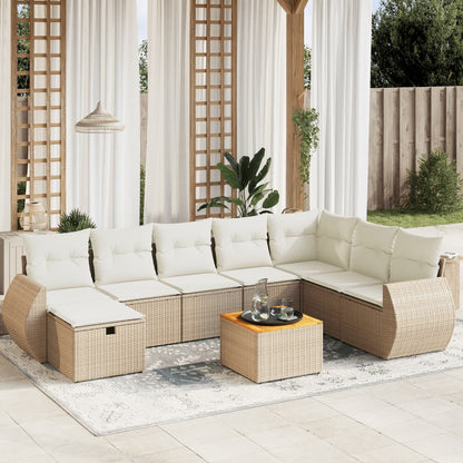 Set Divano da Giardino 9 pz con Cuscini Beige in Polyrattan