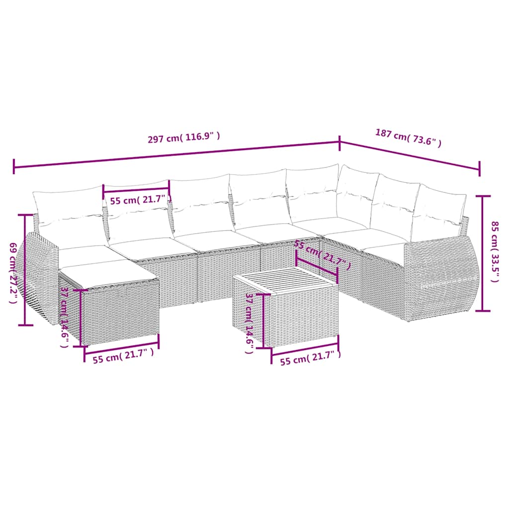 Set Divani da Giardino 9 pz con Cuscini Grigio in Polyrattan