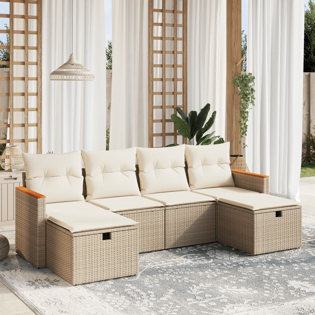 Set Divano da Giardino 6 pz con Cuscini Beige in Polyrattan - homemem39