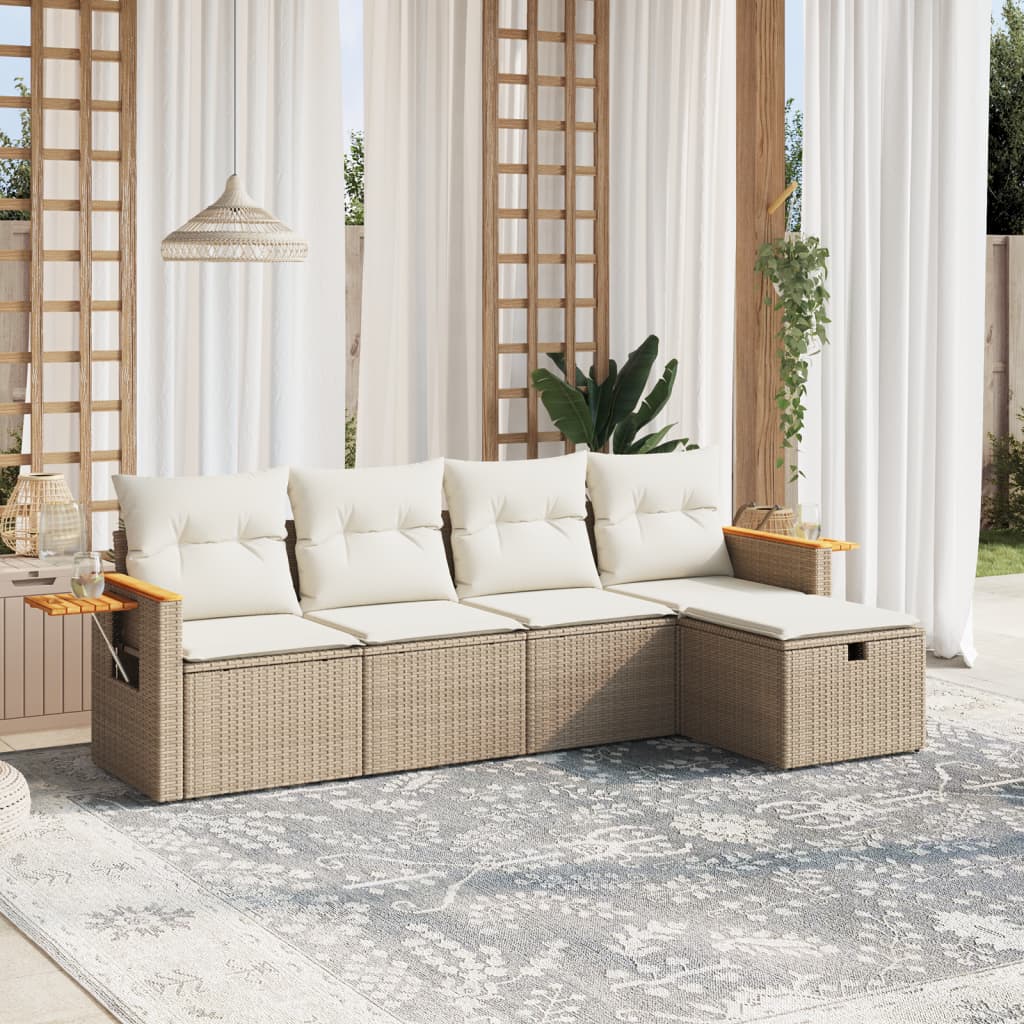 Set Divano da Giardino 5 pz con Cuscini Beige in Polyrattan - homemem39