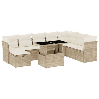 Set Divano da Giardino 9 pz con Cuscini Beige in Polyrattan