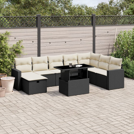 Set Divani da Giardino 9 pz con Cuscini Nero in Polyrattan - homemem39