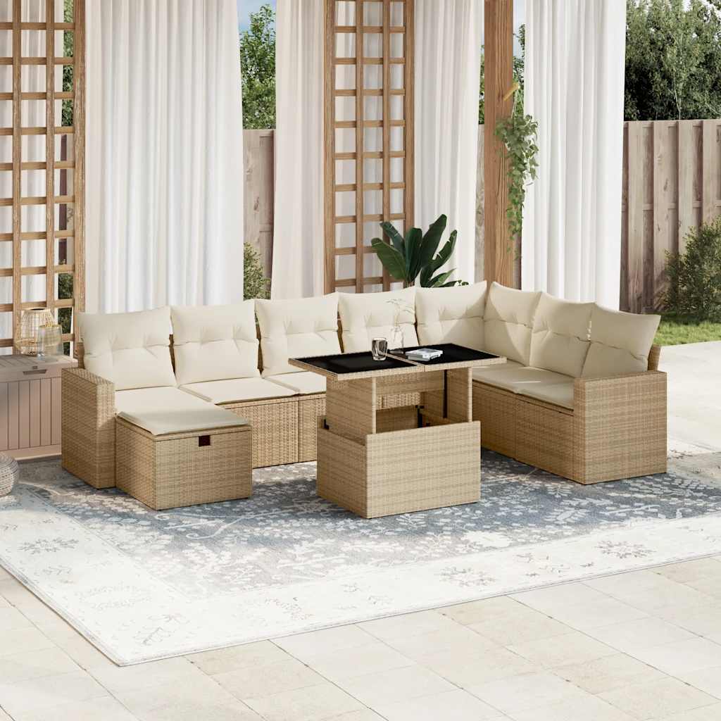 Set Divano da Giardino 9 pz con Cuscini Beige in Polyrattan - homemem39