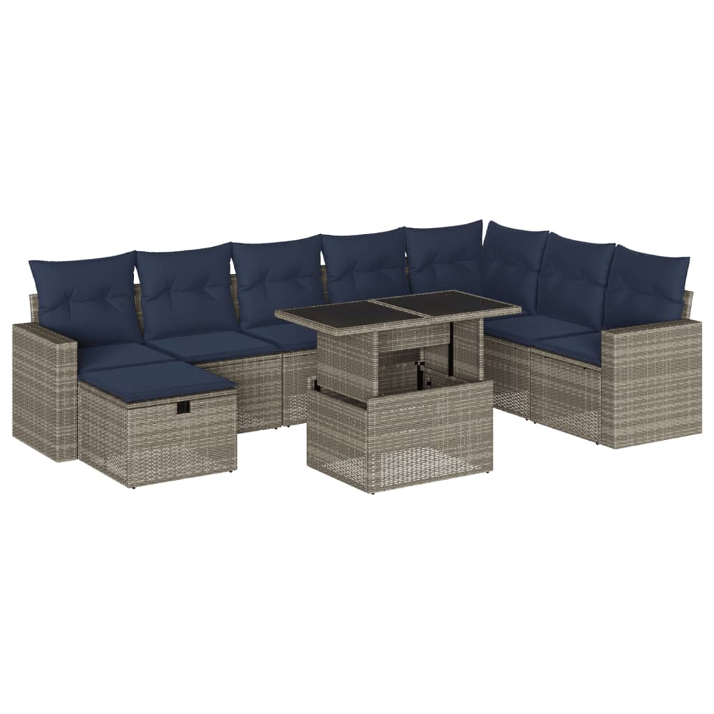 Set Divani da Giardino 9 pz con Cuscini Grigio in Polyrattan | homemem39