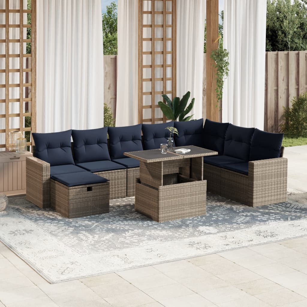 Set Divani da Giardino 9 pz con Cuscini Grigio in Polyrattan