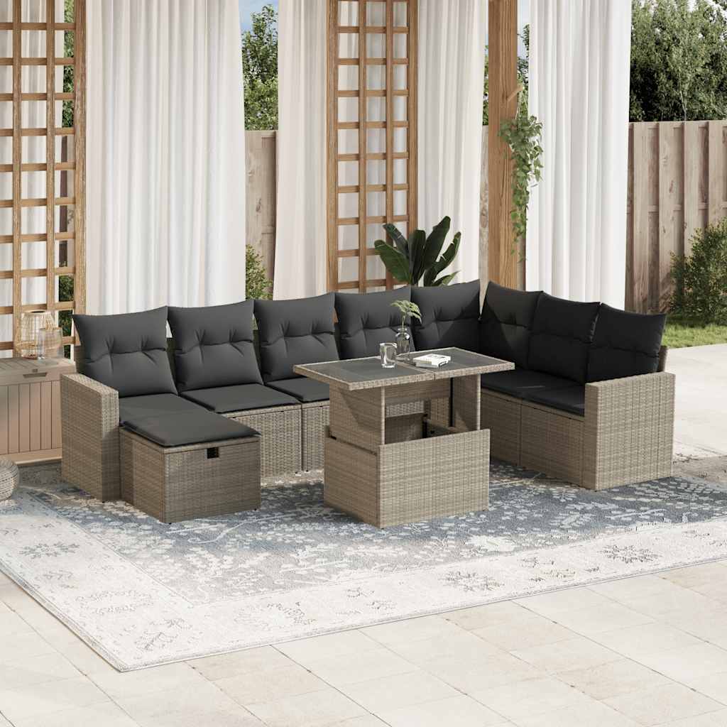 Set Divano da Giardino 9pz con Cuscini Grigio Chiaro Polyrattan - homemem39
