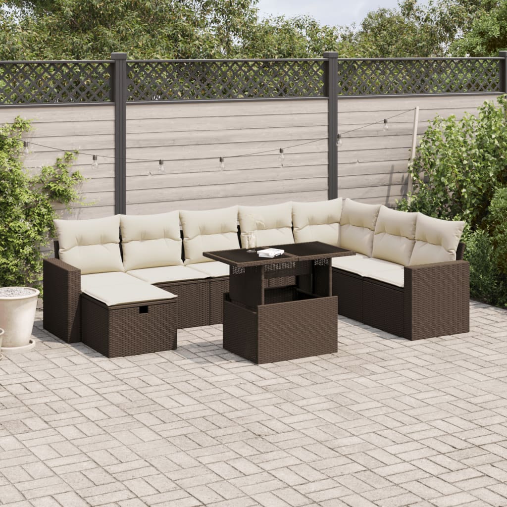 Set Divani da Giardino 9pz con Cuscini Marrone in Polyrattan - homemem39