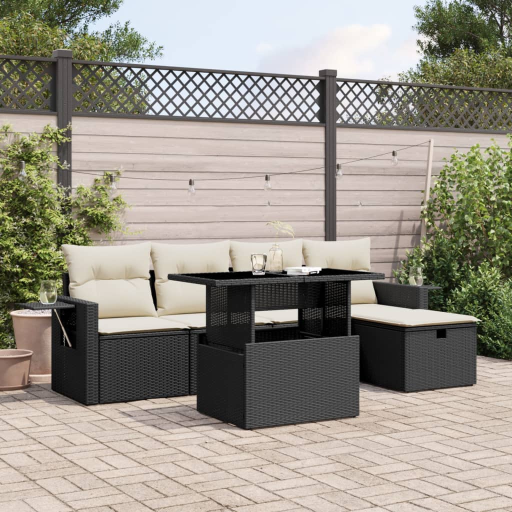 Set Divano da Giardino 6 pz con Cuscini Nero in Polyrattan - homemem39