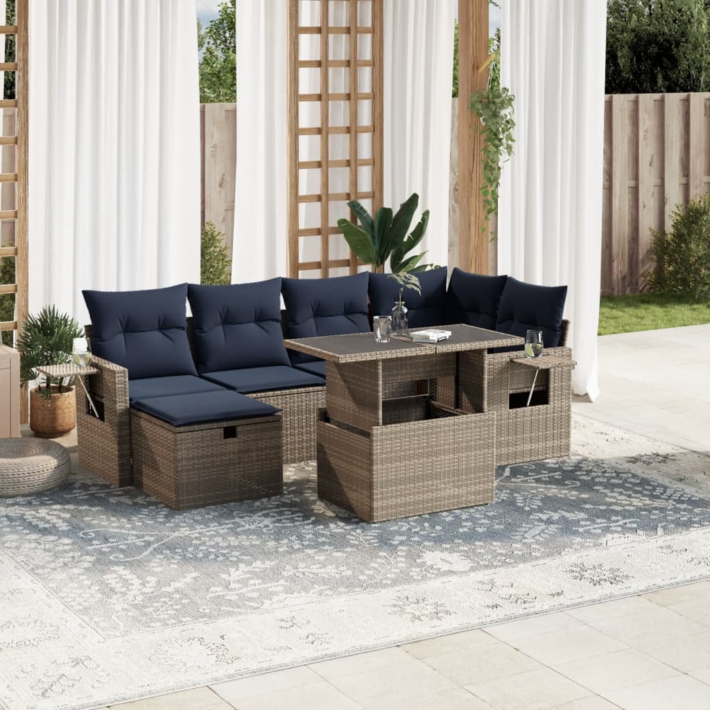 Set Divani da Giardino 7 pz con Cuscini Grigio in Polyrattan | homemem39