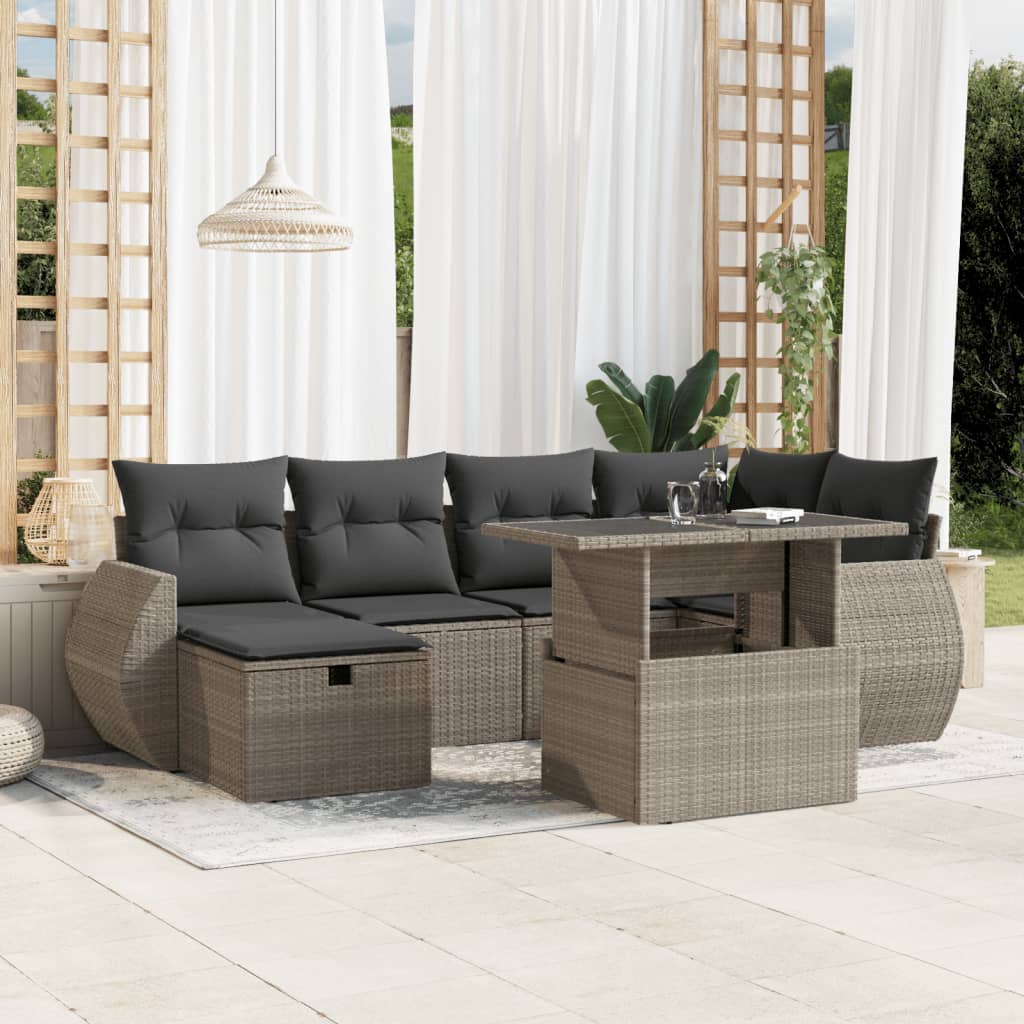 Set Divani da Giardino 7pz con Cuscini Grigio Chiaro Polyrattan