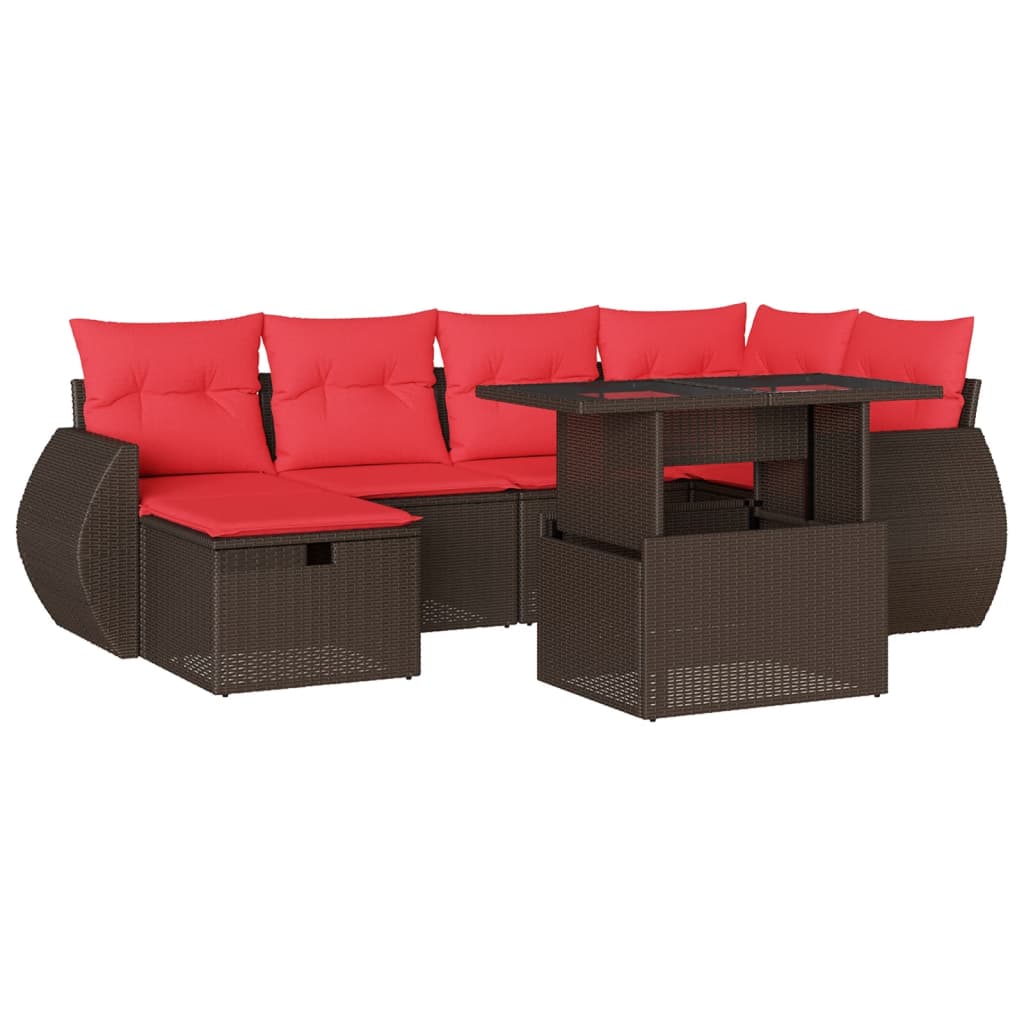Set Divani da Giardino 7 pz con Cuscini Marrone in Polyrattan