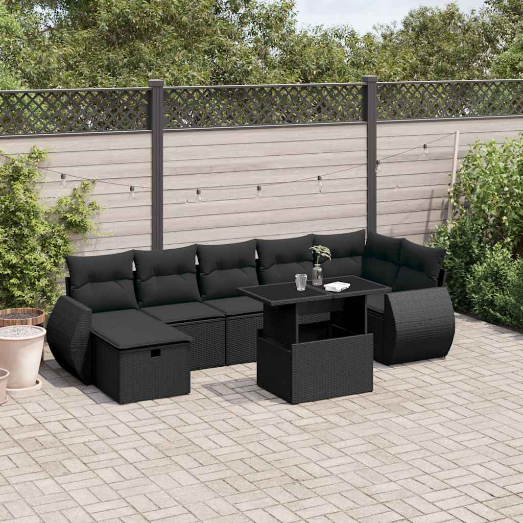Set Divani da Giardino con Cuscini 8 pz Nero in Polyrattan | homemem39