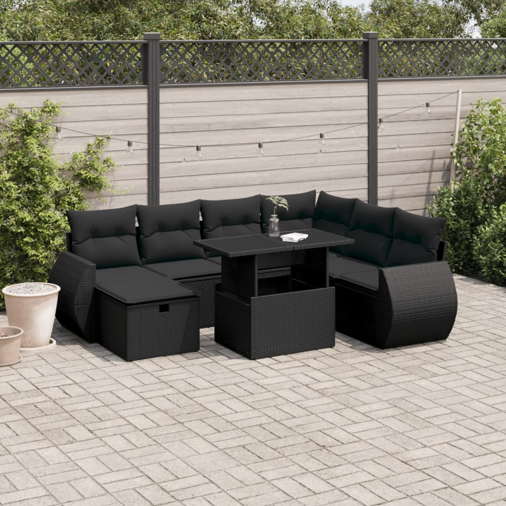 Set Divani da Giardino con Cuscini 8 pz Nero in Polyrattan | homemem39