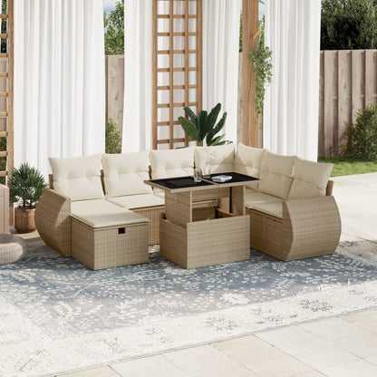 Set Divano da Giardino 8 pz con Cuscini Beige in Polyrattan