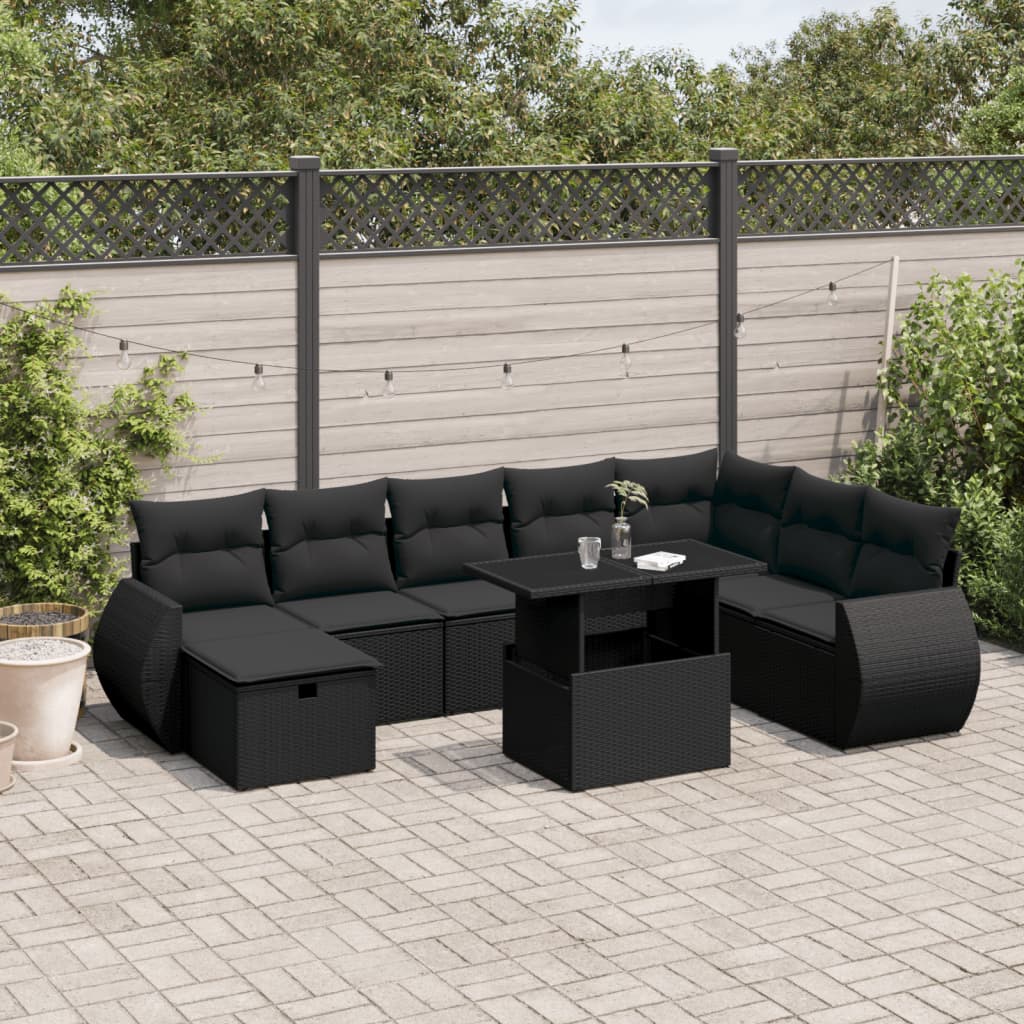 Set Divani da Giardino 9 pz con Cuscini Nero in Polyrattan | homemem39