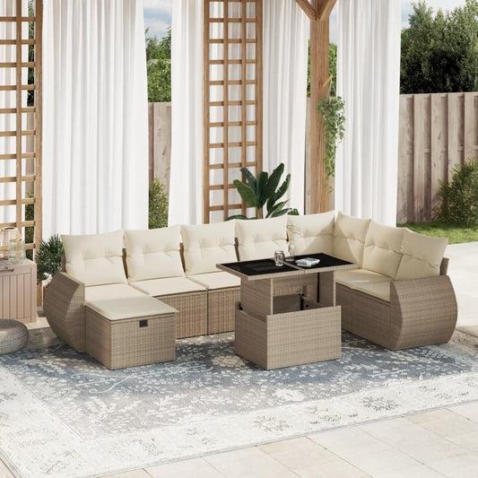 Set Divano da Giardino 9 pz con Cuscini Beige in Polyrattan