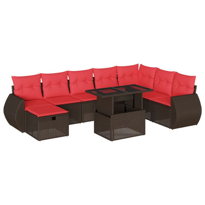 Set Divani da Giardino 9 pz con Cuscini Marrone in Polyrattan
