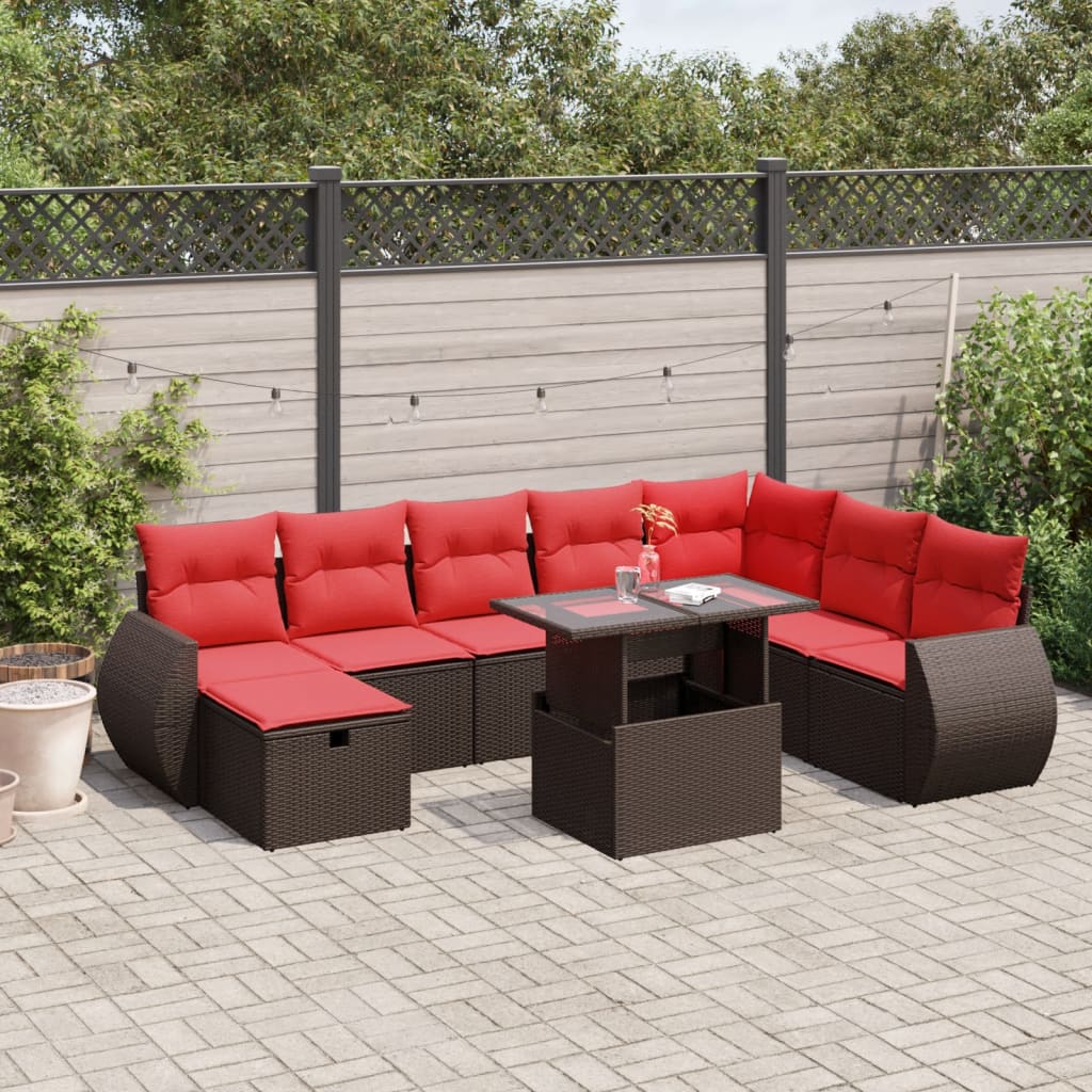 Set Divani da Giardino 9 pz con Cuscini Marrone in Polyrattan
