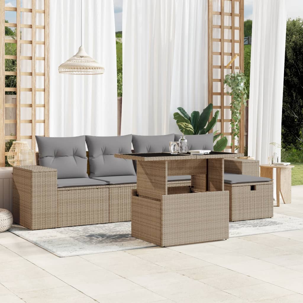 Set Divano da Giardino 6 pz con Cuscini Beige in Polyrattan - homemem39