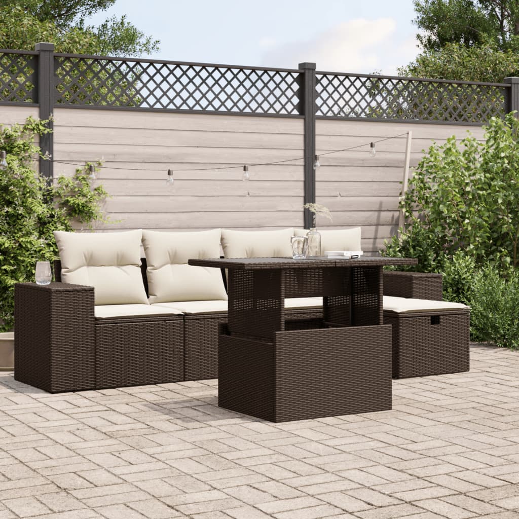 Set Divano da Giardino 6 pz con Cuscini Marrone in Polyrattan - homemem39
