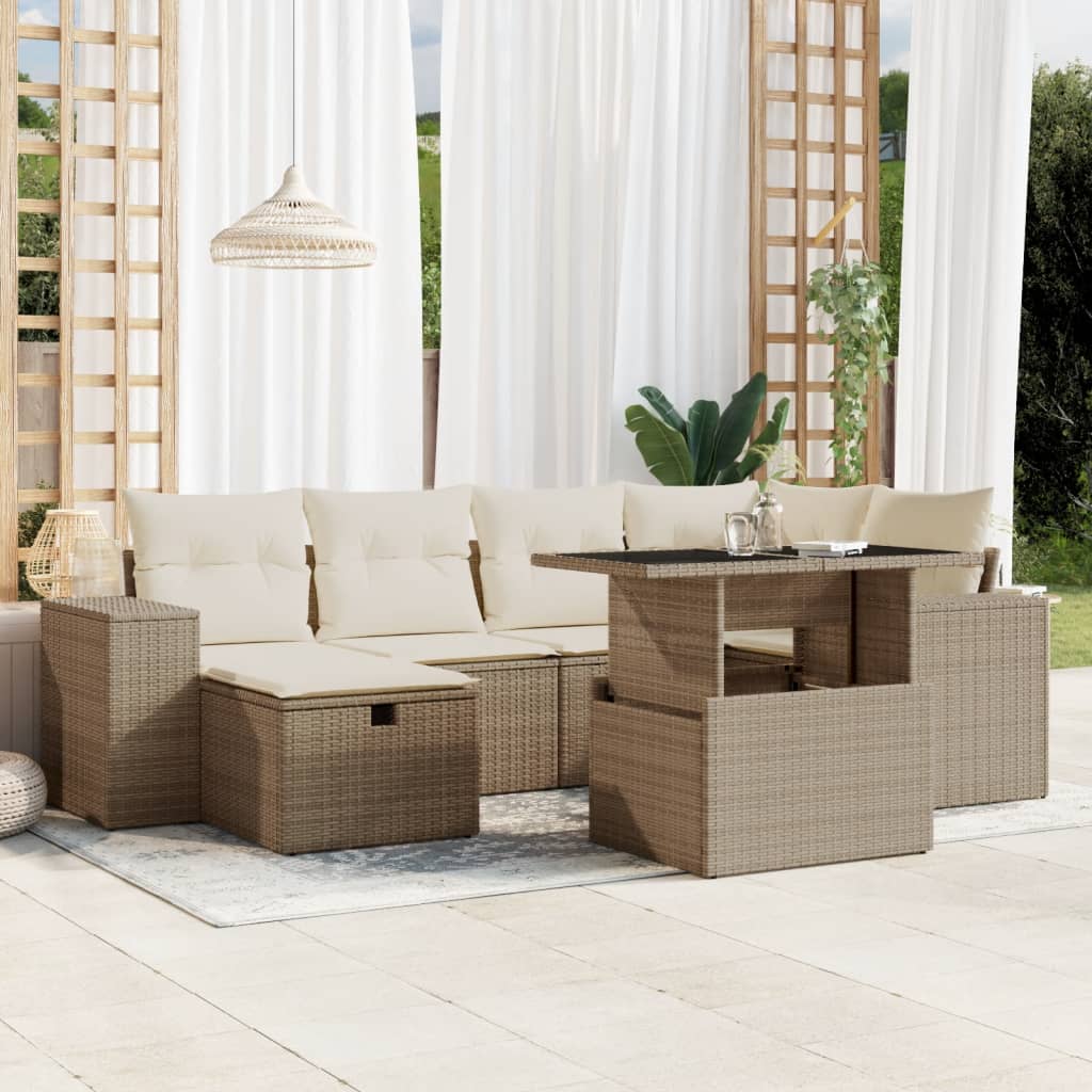 Set Divani da Giardino 7 pz con Cuscini Beige in Polyrattan - homemem39