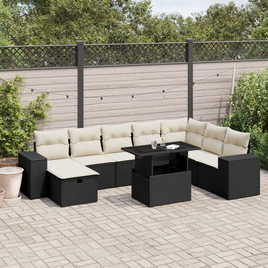 Set Divani da Giardino 9 pz con Cuscini Nero in Polyrattan - homemem39