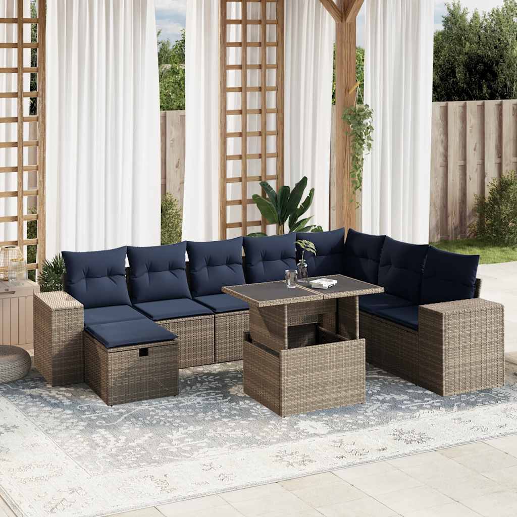 Set Divani da Giardino 9 pz con Cuscini Grigio in Polyrattan | homemem39