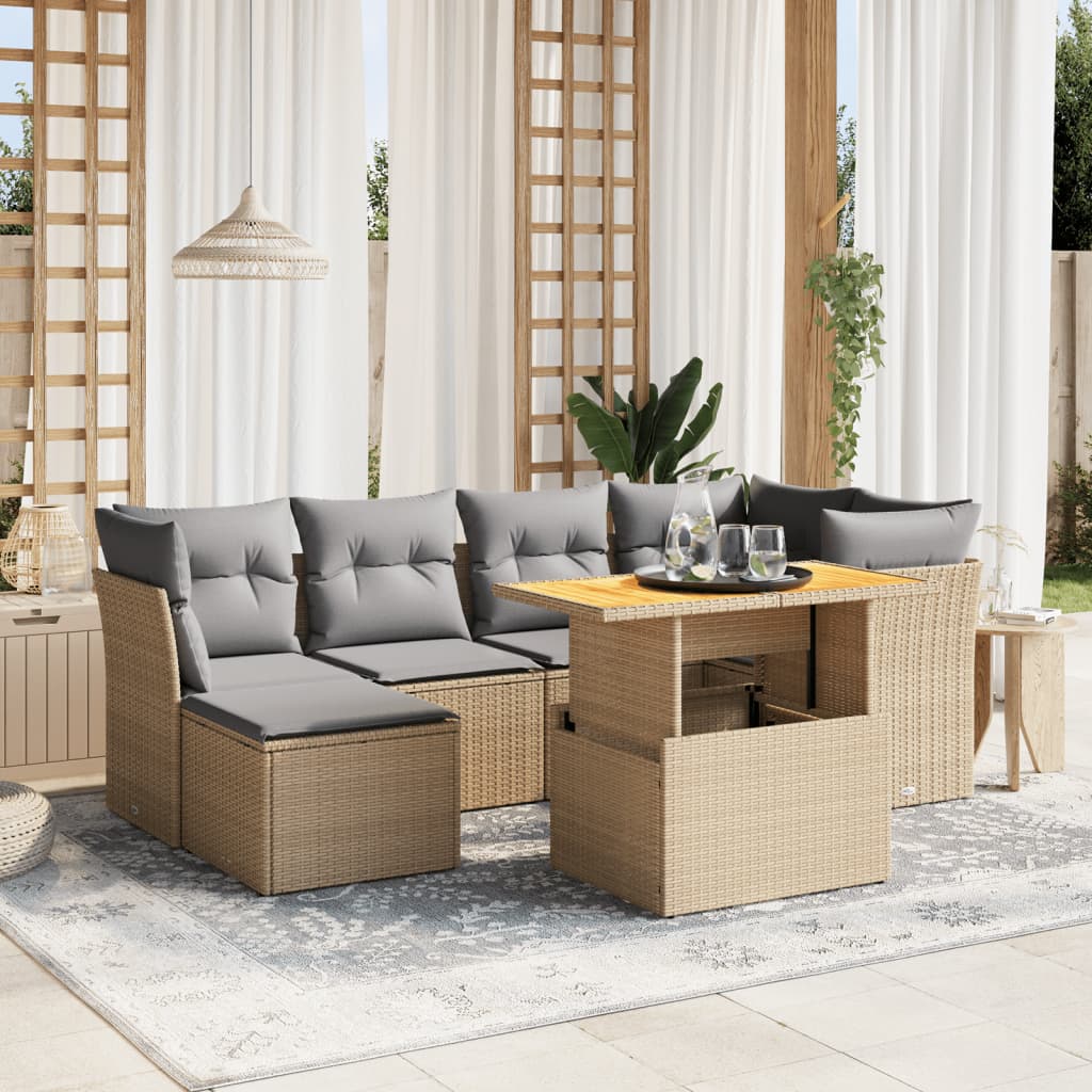 Set Divani da Giardino 7 pz con Cuscini Beige in Polyrattan - homemem39