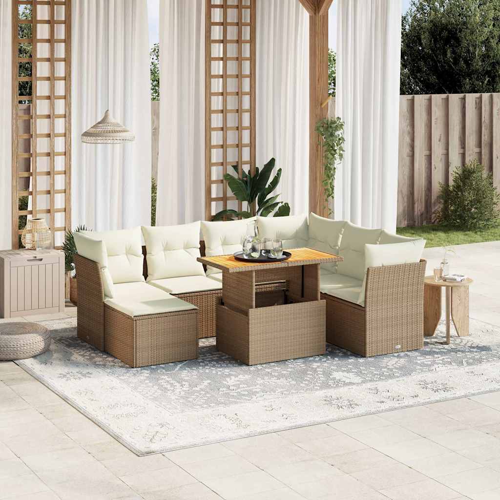 Set Divano da Giardino 8 pz con Cuscini Beige in Polyrattan