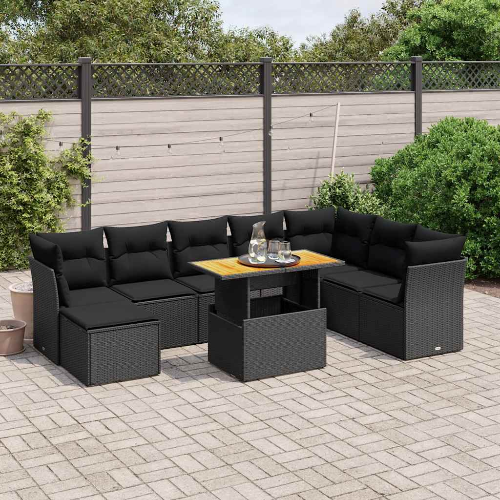 Set Divani da Giardino 9 pz con Cuscini Nero in Polyrattan | homemem39