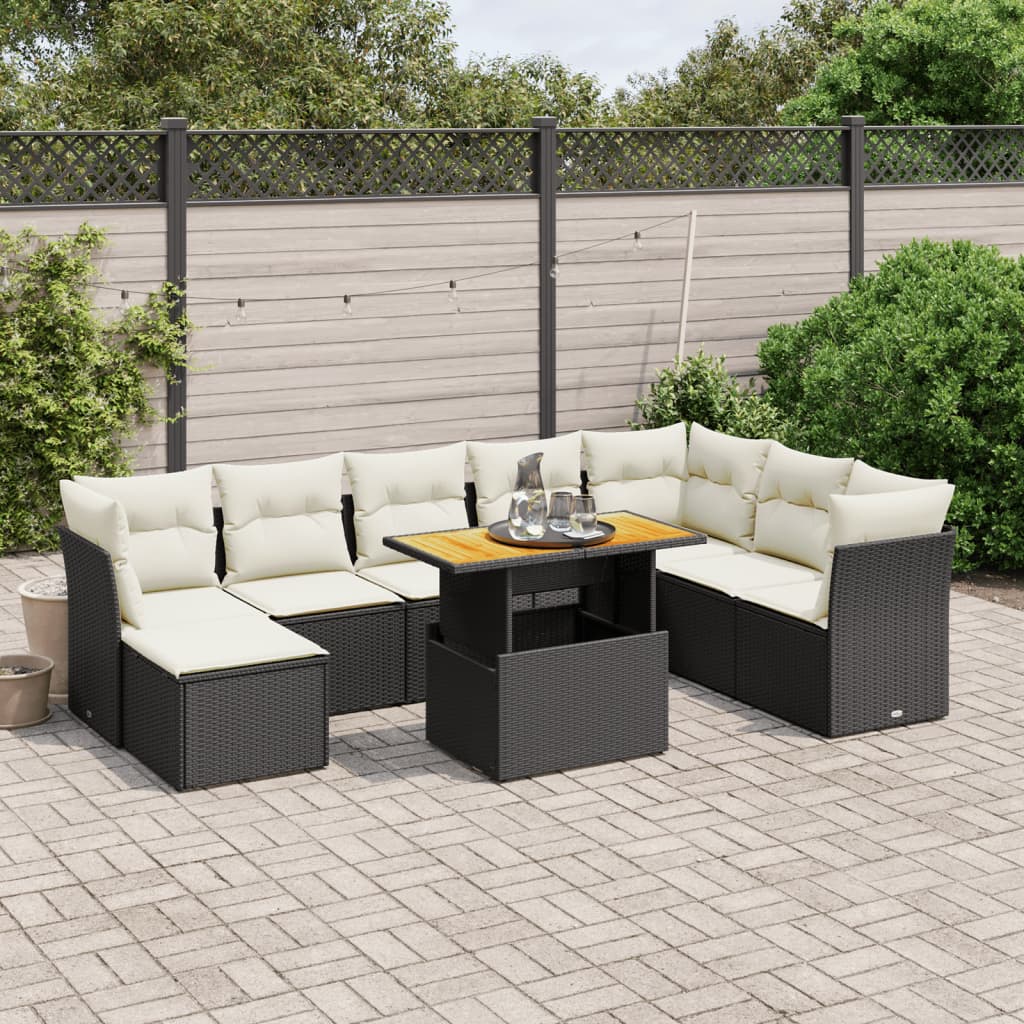 Set Divani da Giardino 9 pz con Cuscini Nero in Polyrattan - homemem39